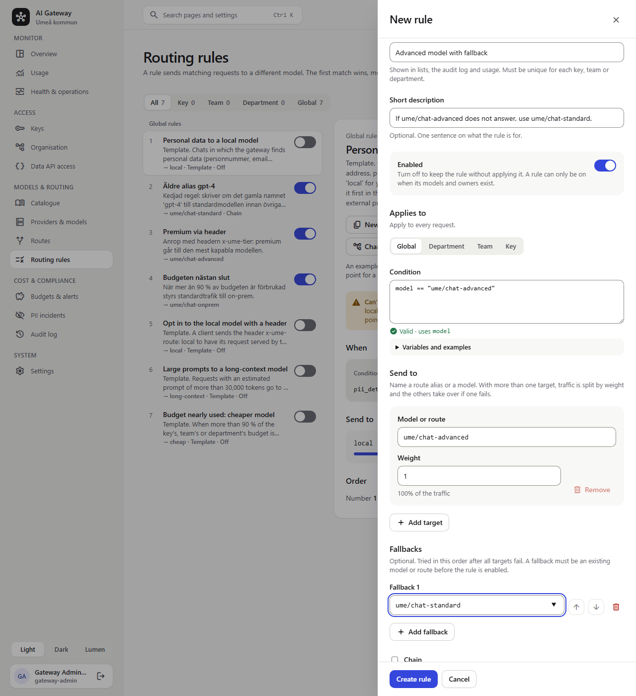The new rule form with the condition, the target and one fallback