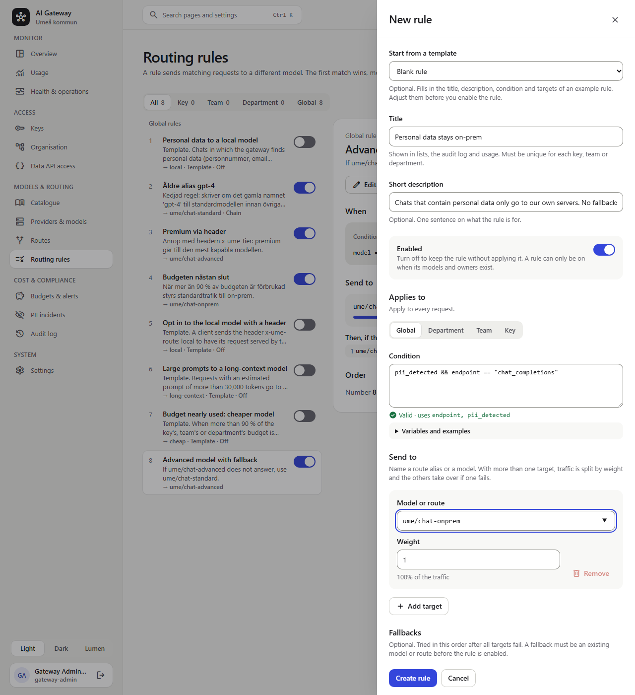 The new rule form with the pii_detected condition and the on-prem route as target