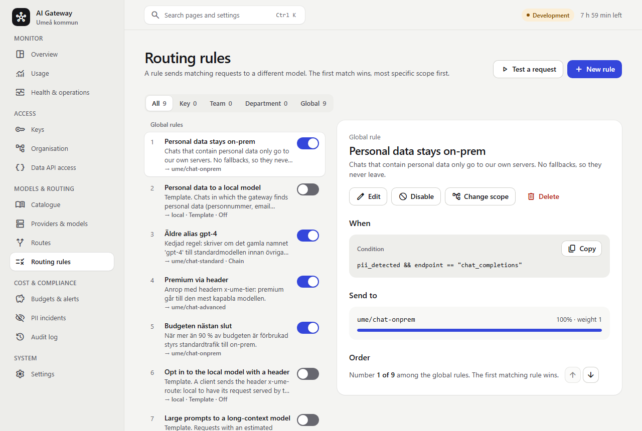 The routing rules page with the rule Personal data stays on-prem at the top of the list
