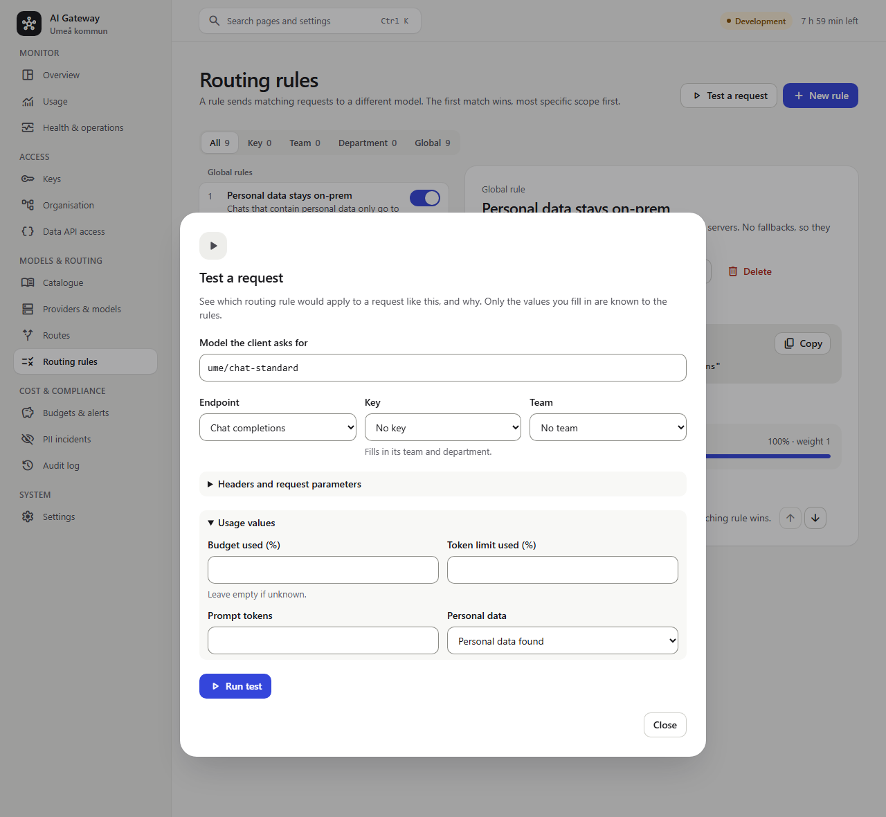 The Test a request dialog with "Personal data found" selected