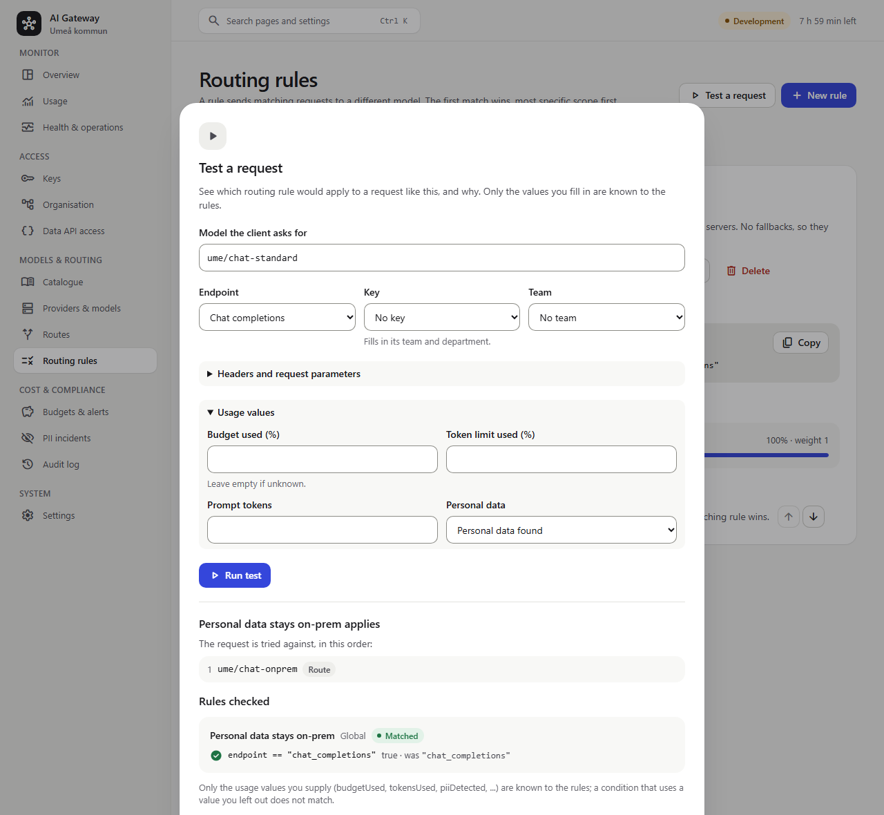 The test result: Personal data stays on-prem applies, request goes to ume/chat-onprem