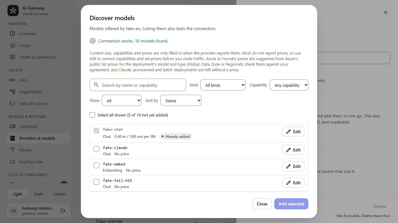 The Discover models dialog listing models from a provider