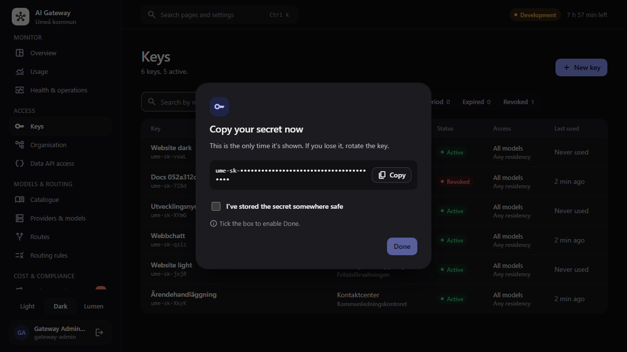 The “Copy your secret now” dialog after creating a key