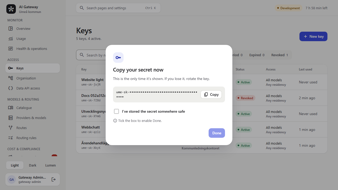The “Copy your secret now” dialog after creating a key