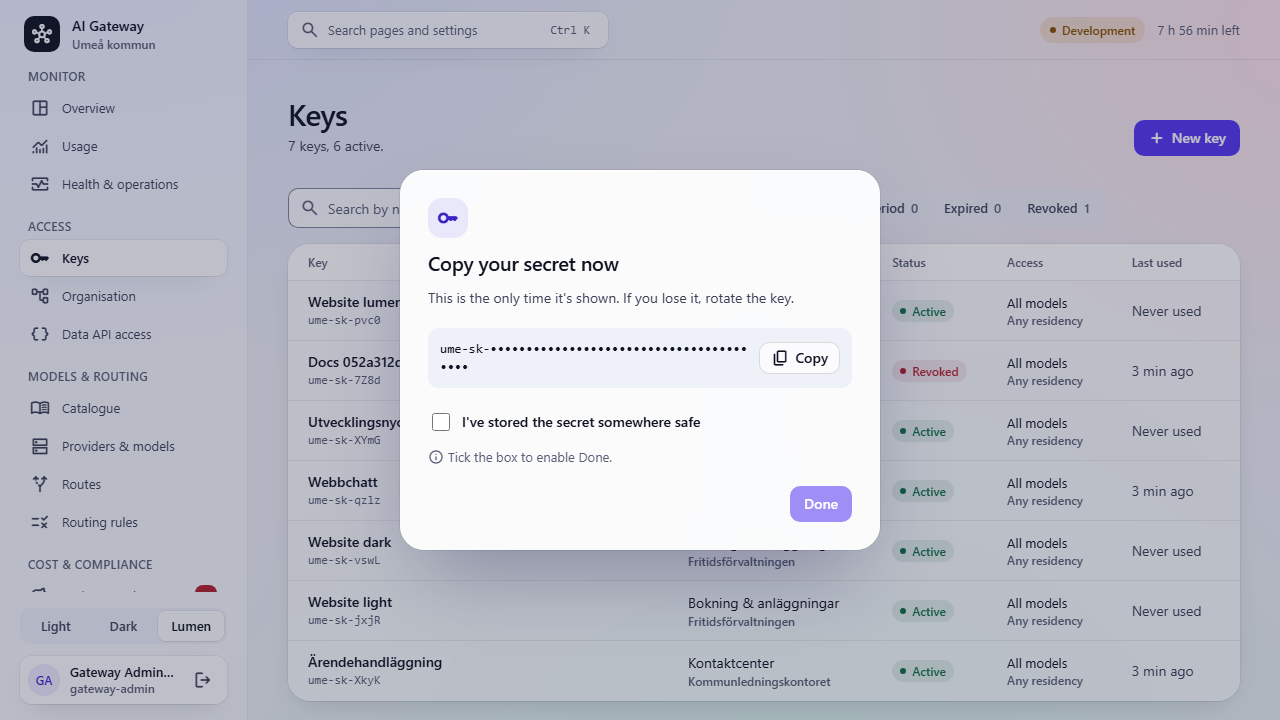 The “Copy your secret now” dialog after creating a key