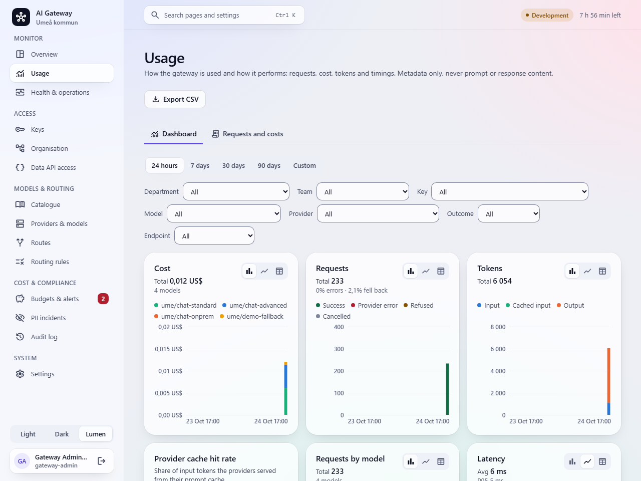 The usage dashboard with cost, requests, latency and time to first token